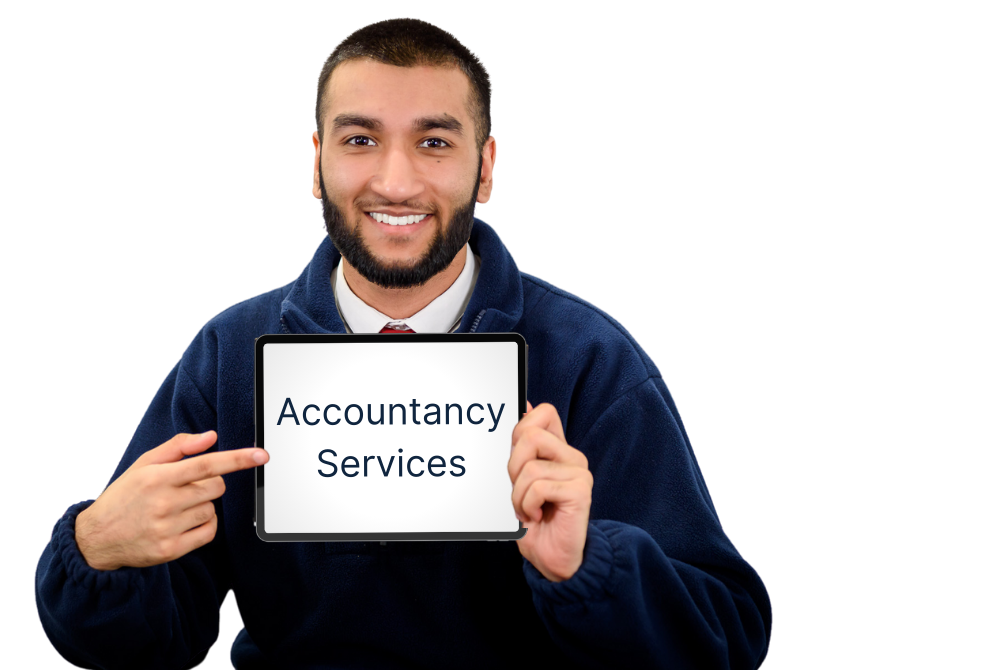 a team member holds a sign saying accountancy services