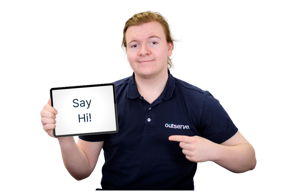 a team member holding a sign saying 'say hi'