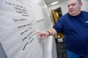 Man pointing at a flip chart with handwritten notes on supply chain management during a discussion in an office hallway.