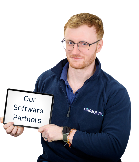 team member holding a sign saying software partners