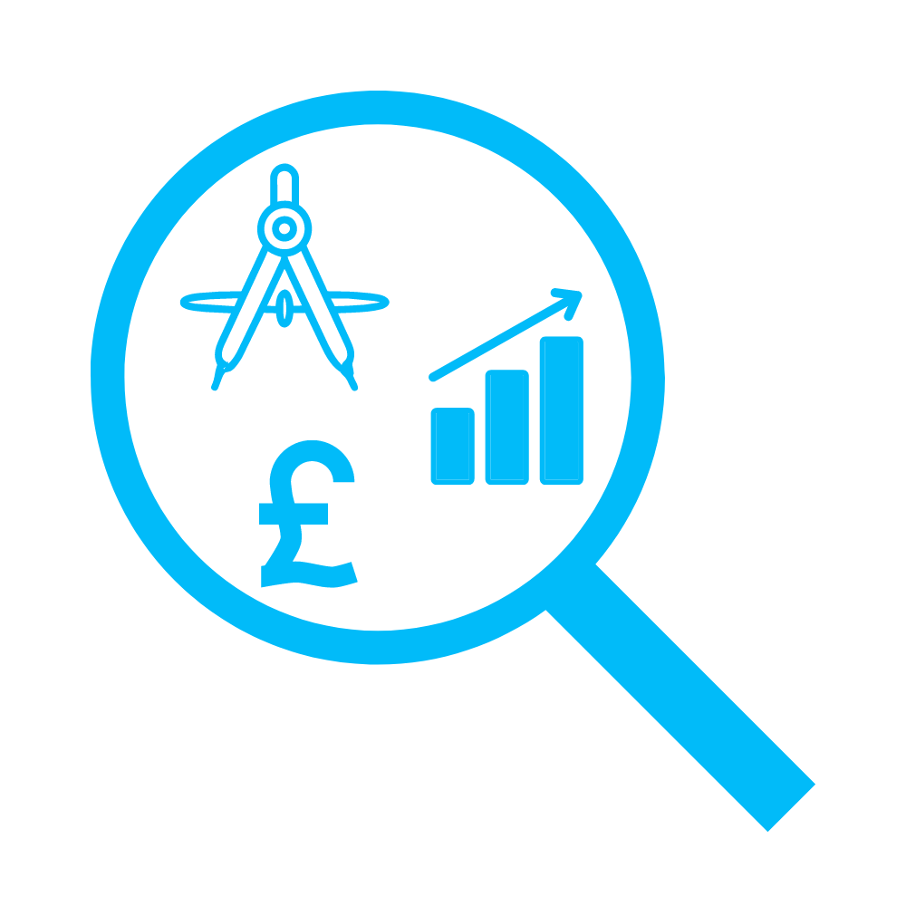 An icon showing a compass, graph and £ sign inside a magnifying glass