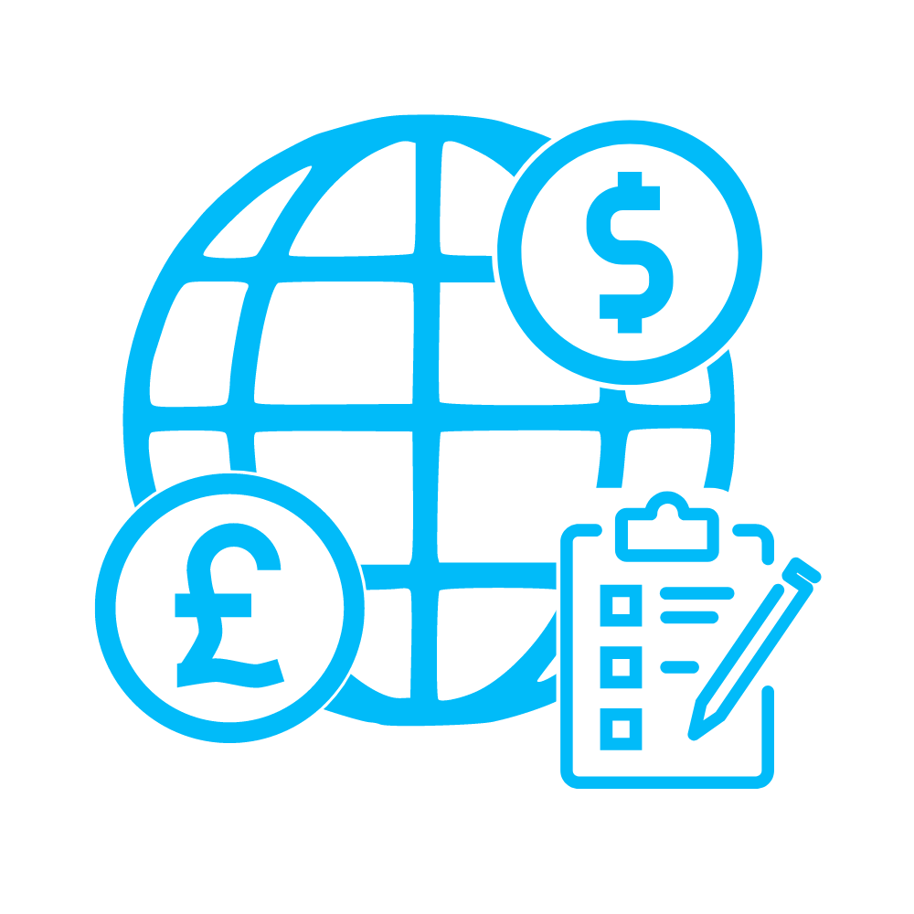 an icon showing a globe, two currency symbols and a clipboard